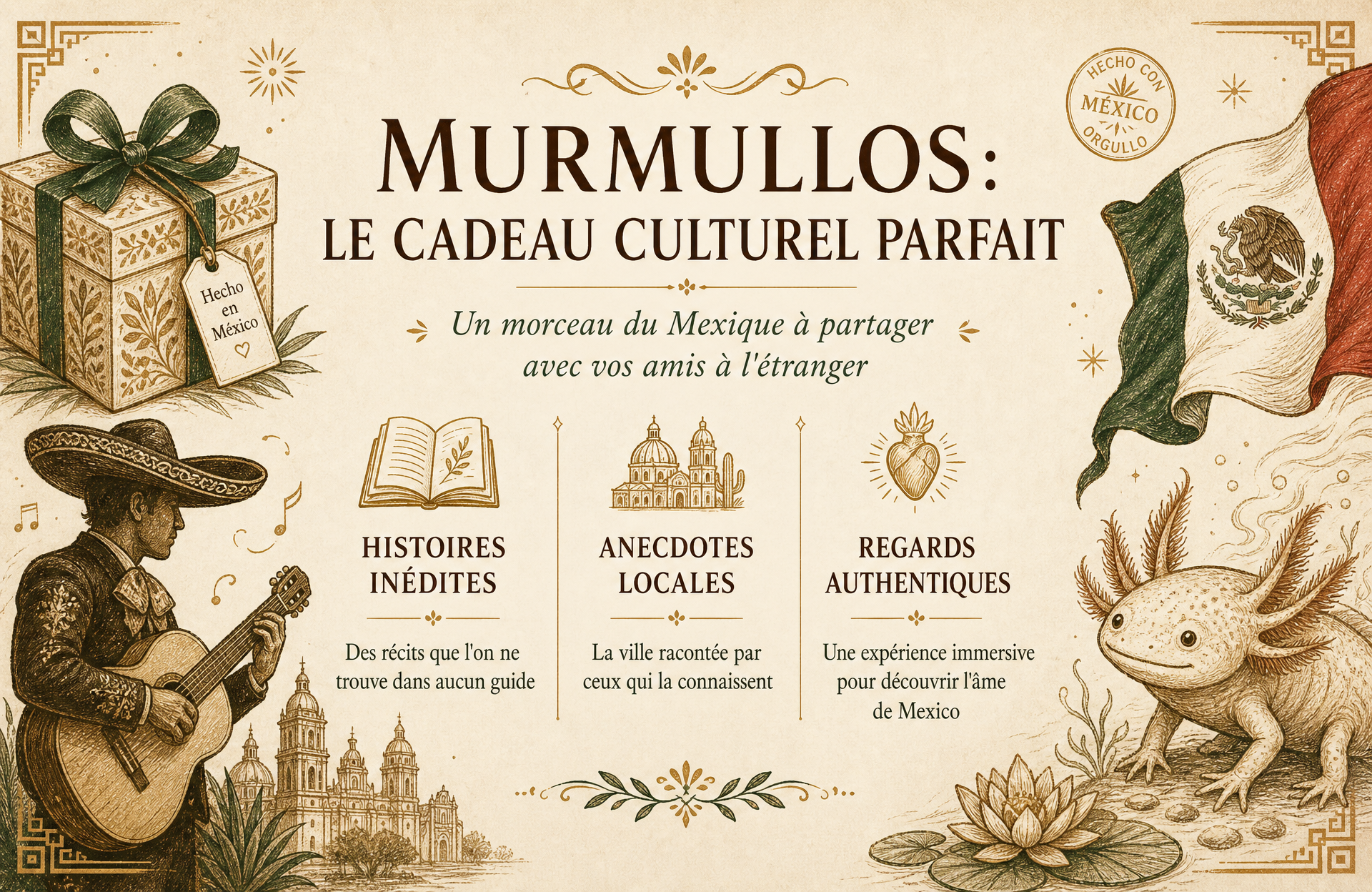 Murmullos : le cadeau culturel parfait — boîte cadeau avec mariachi, axolotl et drapeau du Mexique