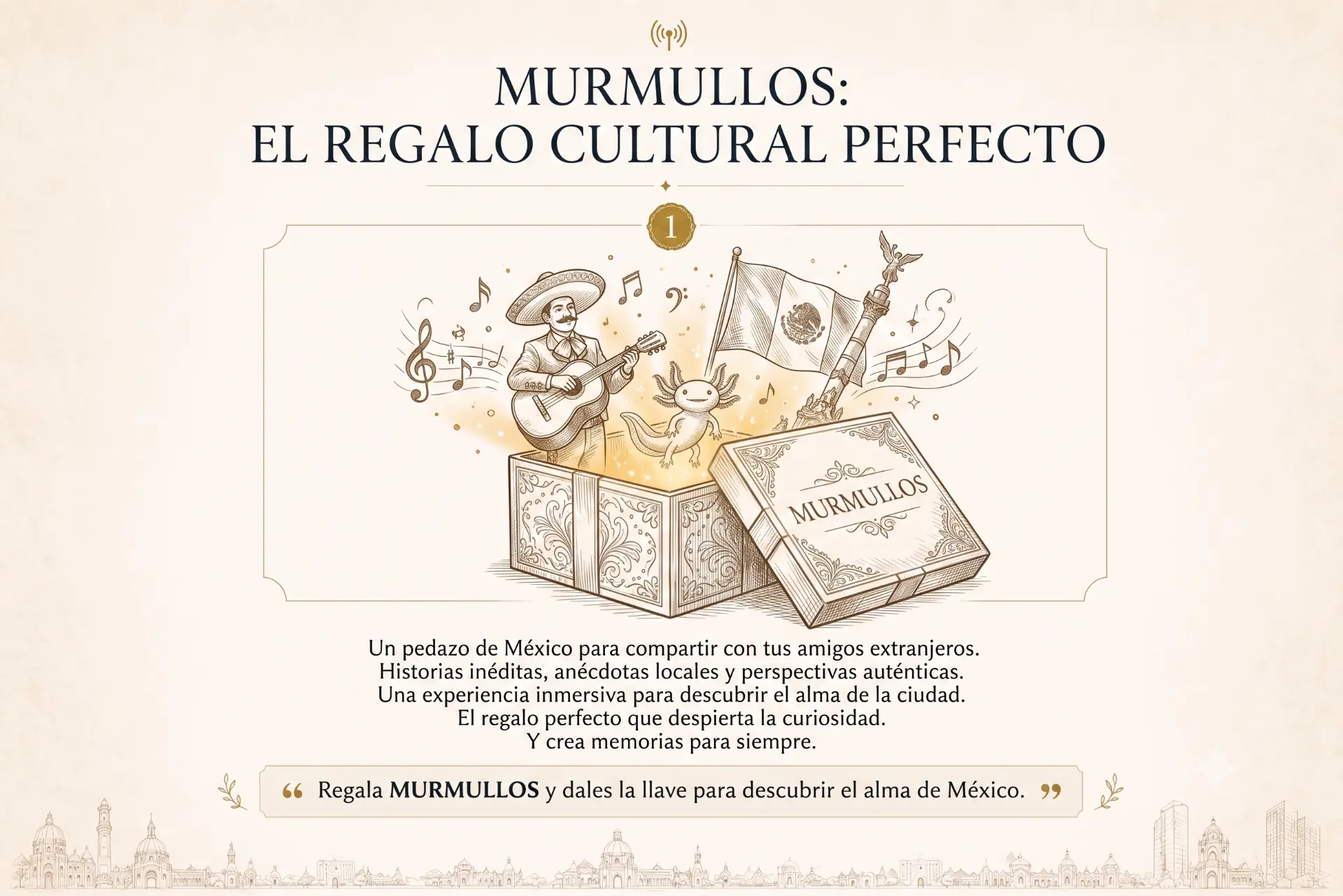 Murmullos: el regalo cultural perfecto — caja de regalo con mariachi, ajolote y bandera de México